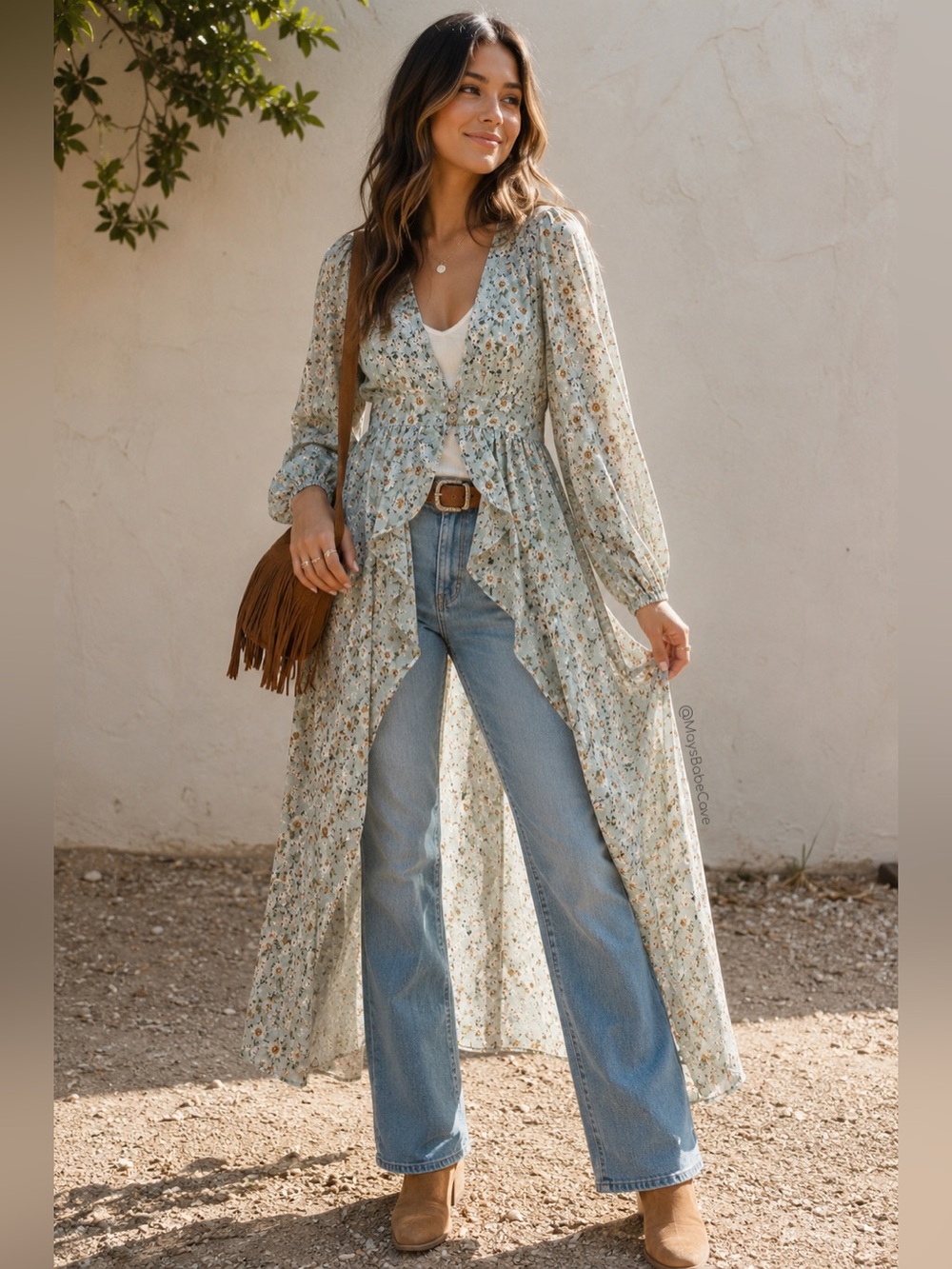 Altar’d State Sage Green Chiffon Floral Print Duster Dress